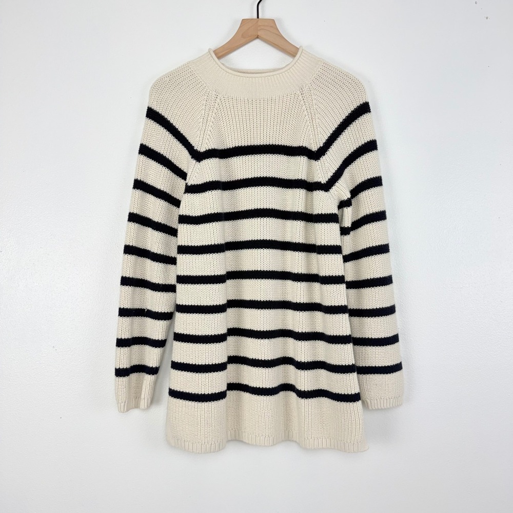 Talbots Striped Knit Sweater Womens 1X Cream Navy Cotton Shaker Roll Neck